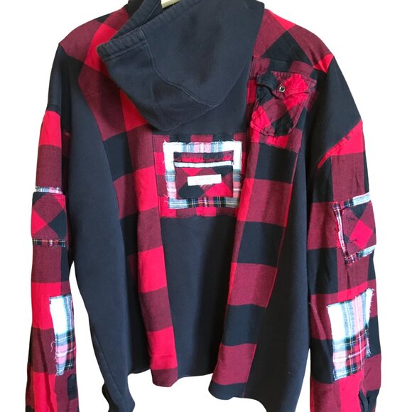 Upcycled Patchwork Hoodie XL/1X: Boho Grunge Black & Red Flannel Sweatshirt - Picture 3 of 10